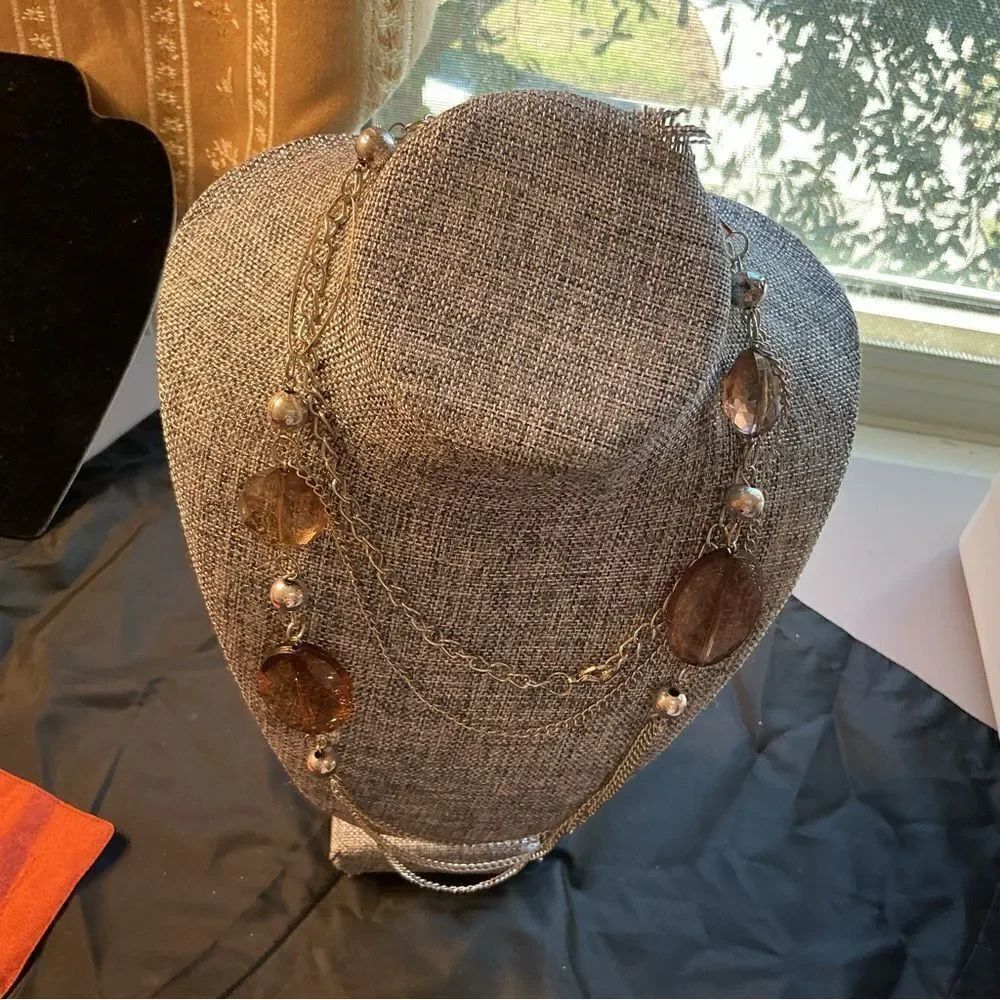 Long Silvertone and Smokey Brown Acrylic Crystals Necklace